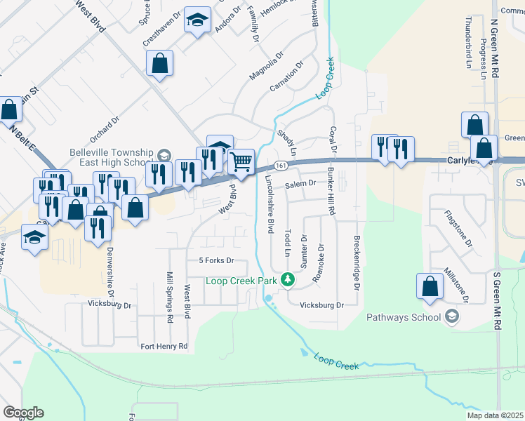 map of restaurants, bars, coffee shops, grocery stores, and more near 205 Lincolnshire Boulevard in Belleville