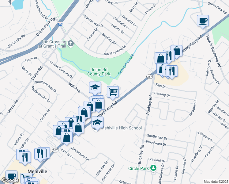 map of restaurants, bars, coffee shops, grocery stores, and more near 2929 Hallmark Lane in St. Louis