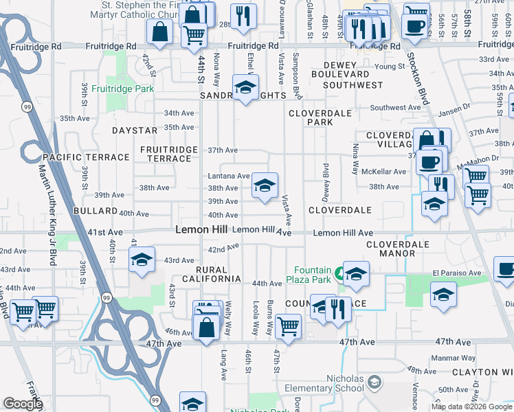 map of restaurants, bars, coffee shops, grocery stores, and more near in Sacramento