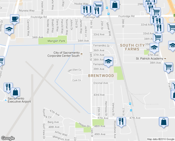 map of restaurants, bars, coffee shops, grocery stores, and more near 5930 24th Street in Sacramento