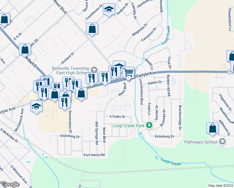 map of restaurants, bars, coffee shops, grocery stores, and more near 2711 West Boulevard in Belleville