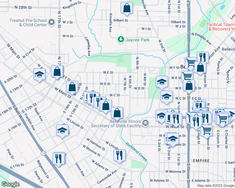map of restaurants, bars, coffee shops, grocery stores, and more near 203 North 8th Street in Belleville