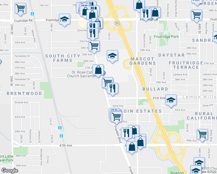 map of restaurants, bars, coffee shops, grocery stores, and more near 6011 Franklin Blvd in Sacramento