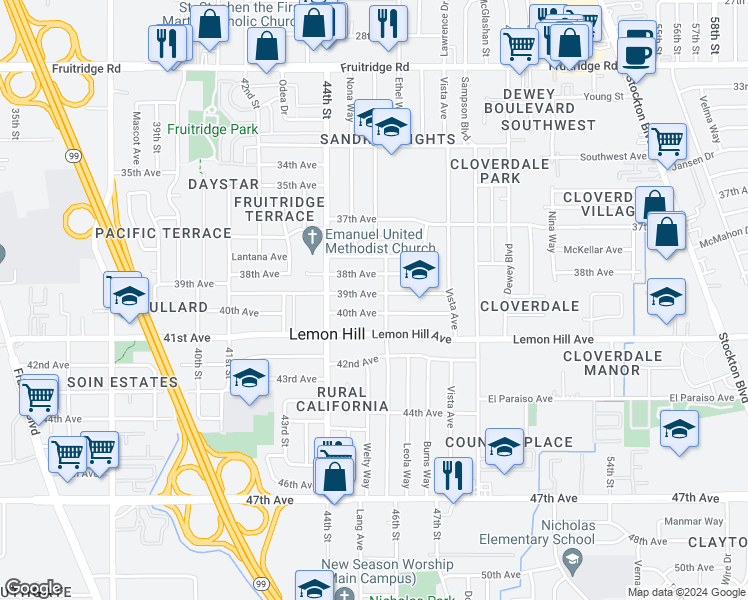 map of restaurants, bars, coffee shops, grocery stores, and more near 4530 39th Avenue in Sacramento