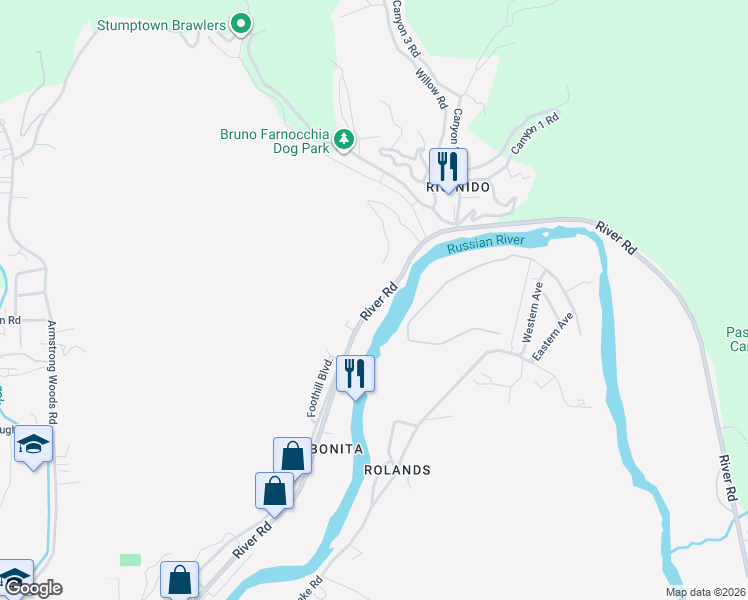 map of restaurants, bars, coffee shops, grocery stores, and more near 14788 River Road in Guerneville