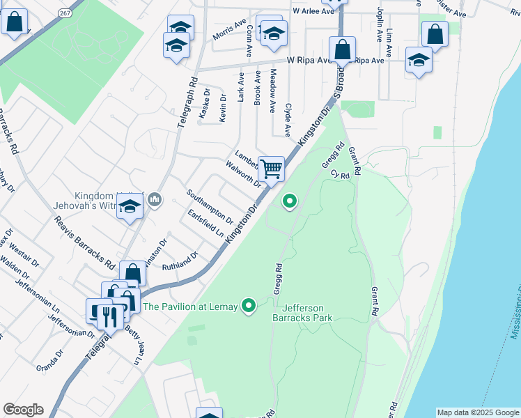 map of restaurants, bars, coffee shops, grocery stores, and more near 284 Kingston Drive in St. Louis