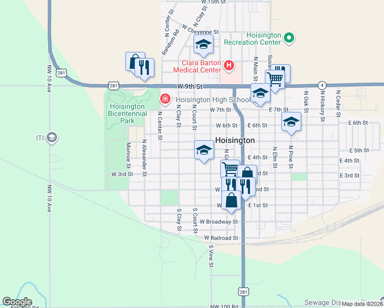 map of restaurants, bars, coffee shops, grocery stores, and more near 300-398 West 4th Street in Hoisington