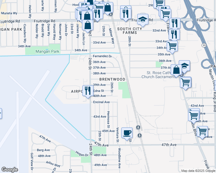 map of restaurants, bars, coffee shops, grocery stores, and more near 2448 39th Avenue in Sacramento