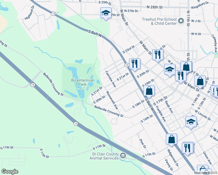 map of restaurants, bars, coffee shops, grocery stores, and more near 616 South 21st Street in Belleville