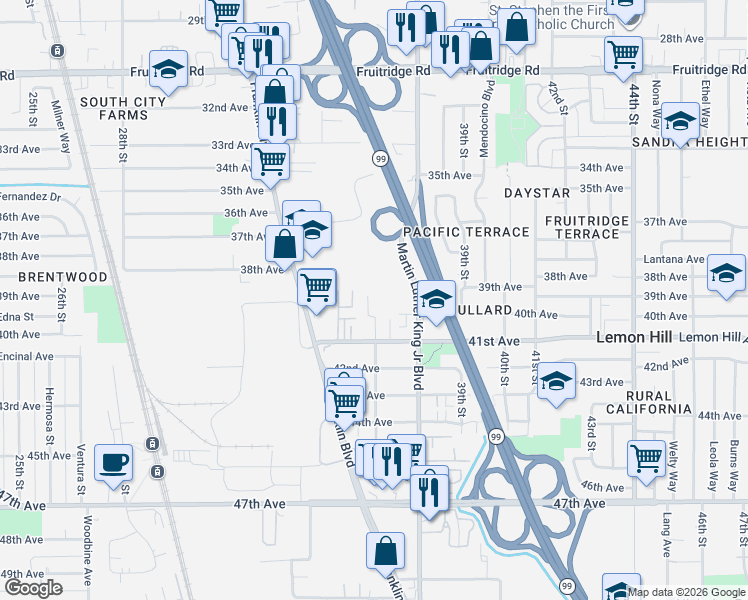 map of restaurants, bars, coffee shops, grocery stores, and more near 6012 37th Street in Sacramento