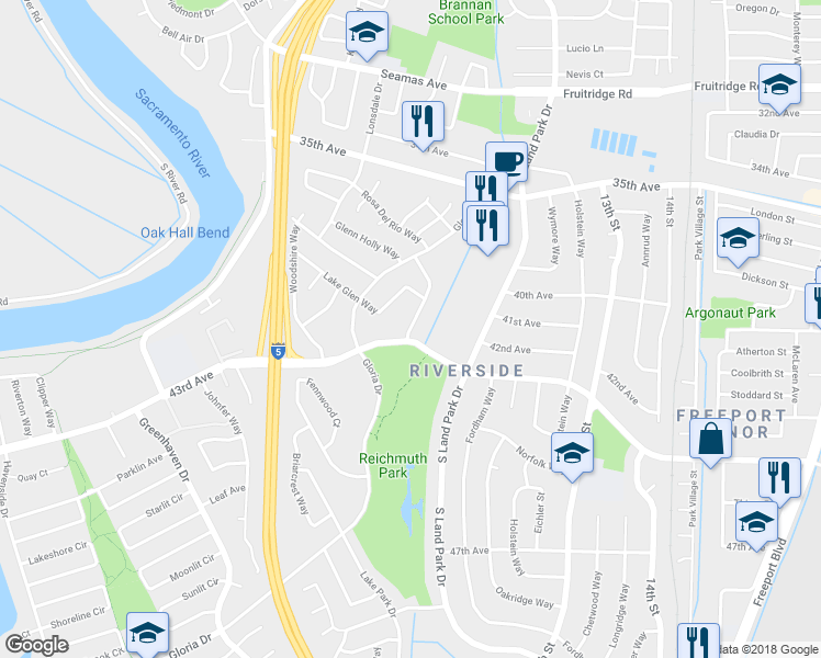 map of restaurants, bars, coffee shops, grocery stores, and more near Lake Vista Court in Sacramento