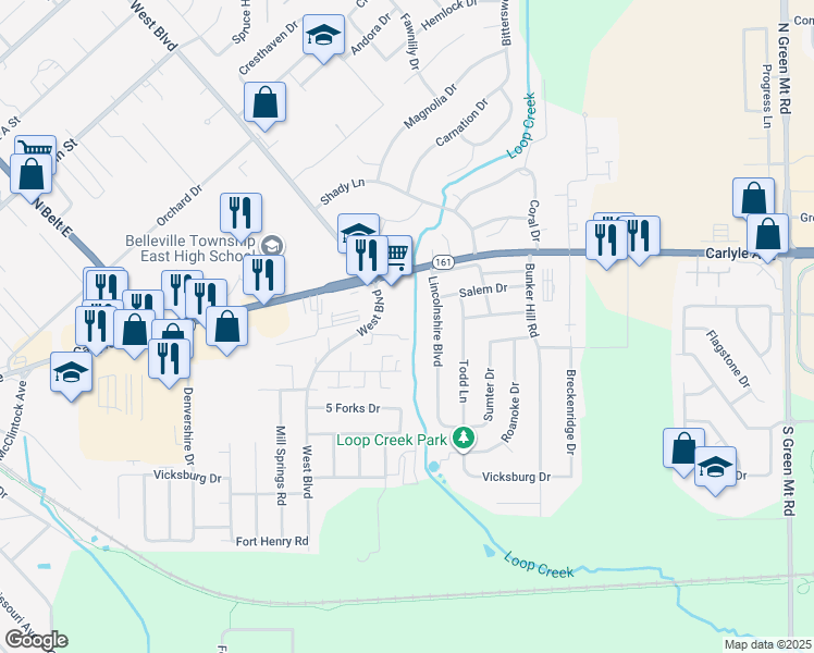 map of restaurants, bars, coffee shops, grocery stores, and more near 205 Lincolnshire Boulevard in Belleville