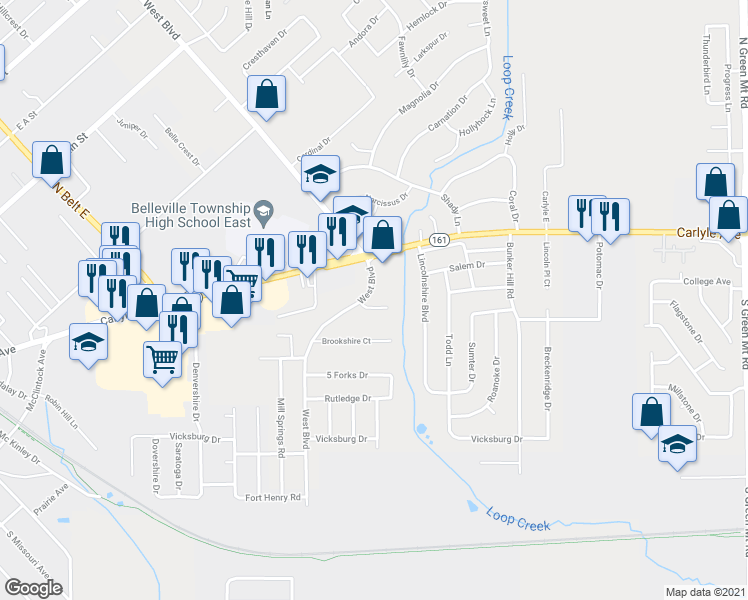map of restaurants, bars, coffee shops, grocery stores, and more near 3 Lindbergh Circle in Belleville