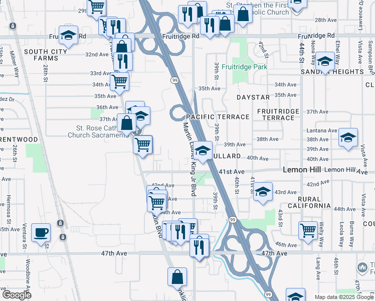 map of restaurants, bars, coffee shops, grocery stores, and more near 3801 40th Avenue in Sacramento