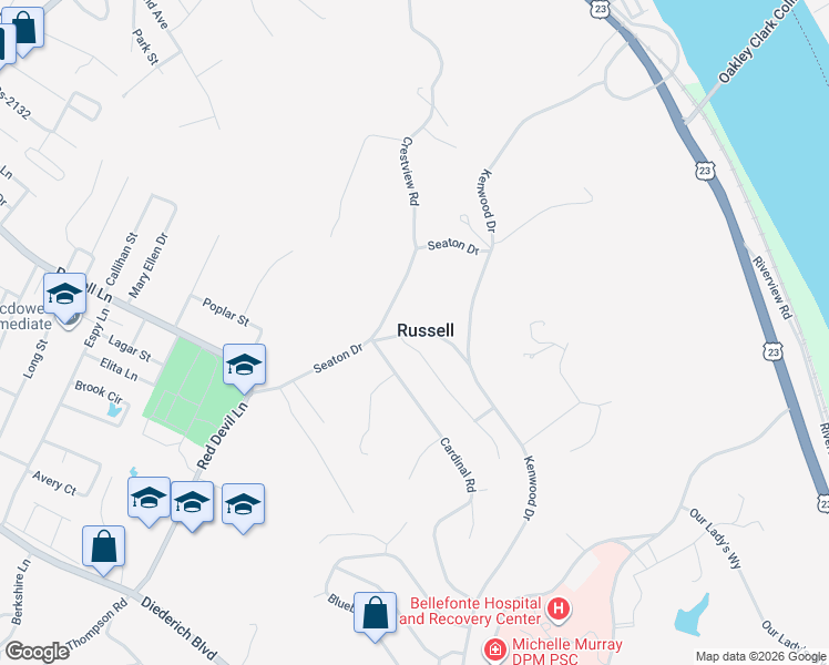 map of restaurants, bars, coffee shops, grocery stores, and more near 101-123 Gesling Rd in Russell