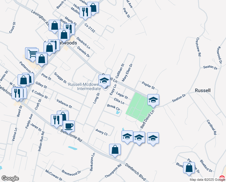 map of restaurants, bars, coffee shops, grocery stores, and more near 798 La Gar St in Flatwoods