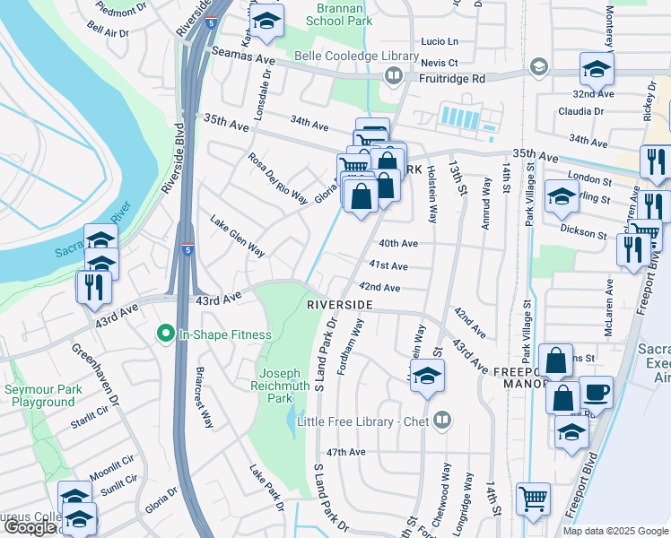 map of restaurants, bars, coffee shops, grocery stores, and more near 6050 South Land Park Drive in Sacramento