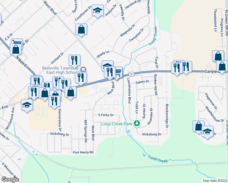 map of restaurants, bars, coffee shops, grocery stores, and more near 2630 West Boulevard in Belleville