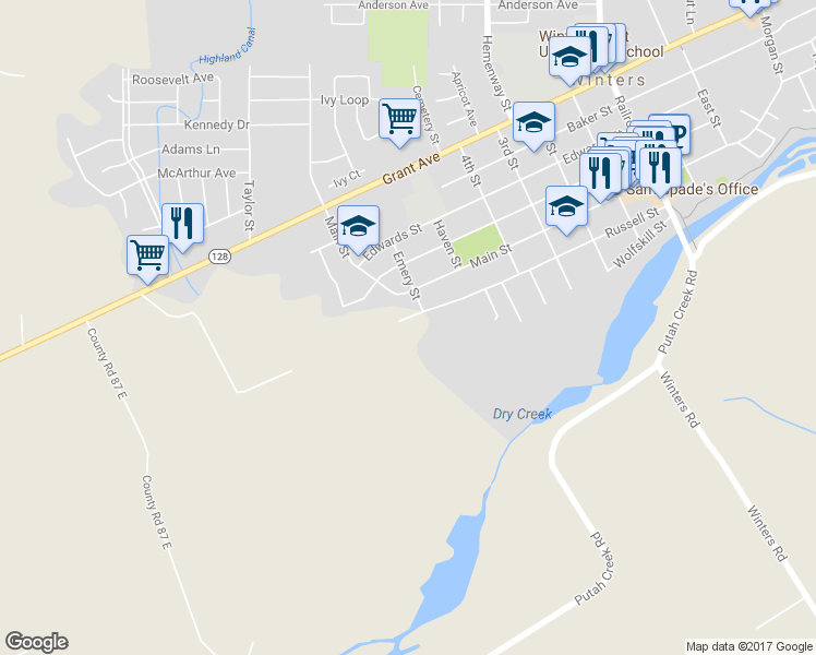 map of restaurants, bars, coffee shops, grocery stores, and more near 450 Russell Street in Winters