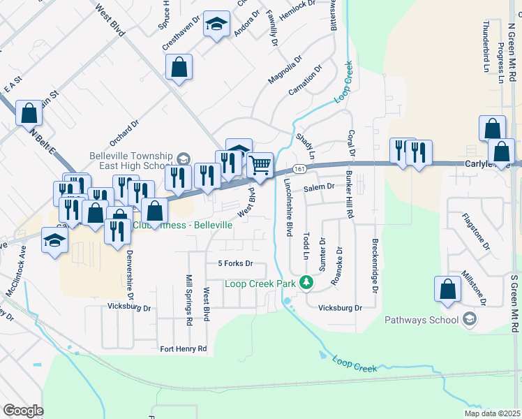 map of restaurants, bars, coffee shops, grocery stores, and more near 7 Lindbergh Circle in Belleville