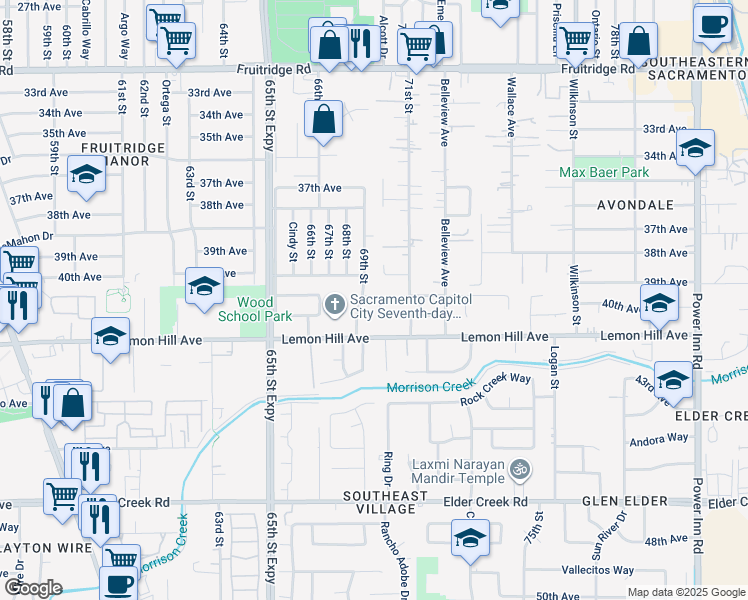 map of restaurants, bars, coffee shops, grocery stores, and more near 6021 69th Street in Sacramento