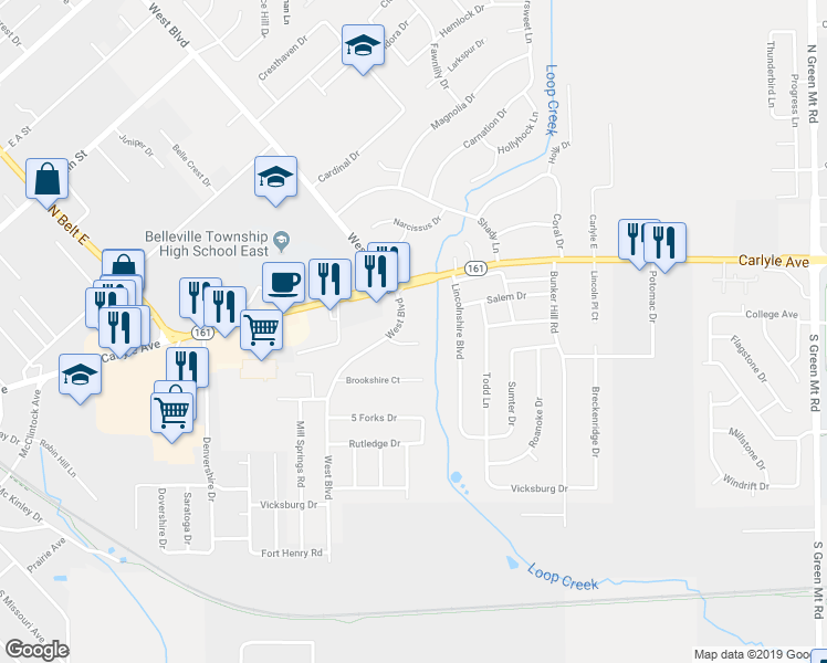 map of restaurants, bars, coffee shops, grocery stores, and more near 3 Lindbergh Circle in Belleville