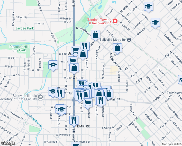 map of restaurants, bars, coffee shops, grocery stores, and more near 301 North Church Street in Belleville