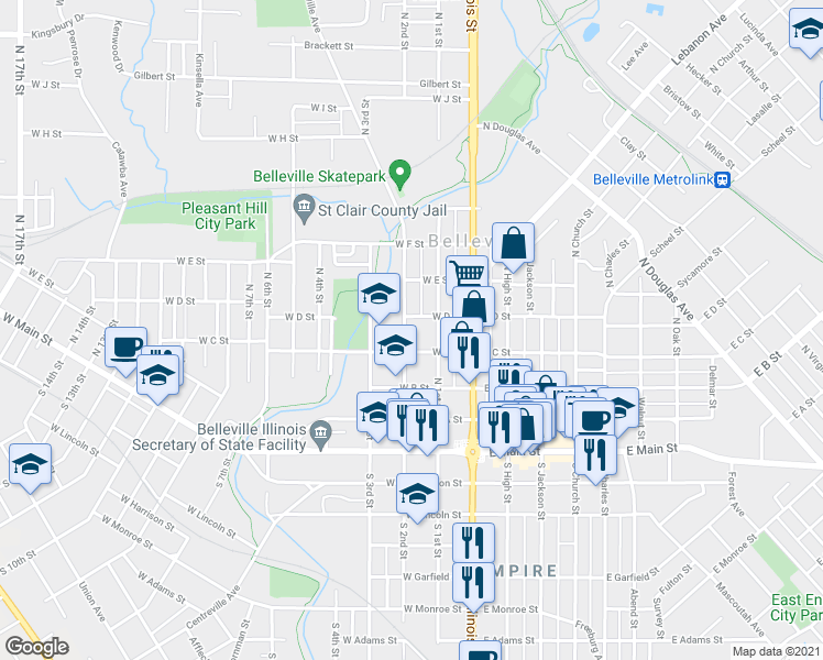 map of restaurants, bars, coffee shops, grocery stores, and more near 308 North 2nd Street in Belleville