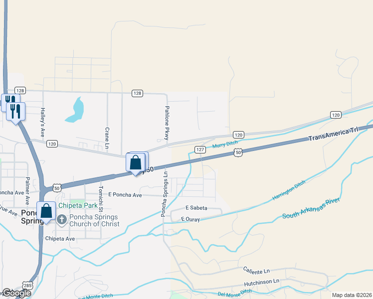 map of restaurants, bars, coffee shops, grocery stores, and more near 6801 County Road 127 in Salida