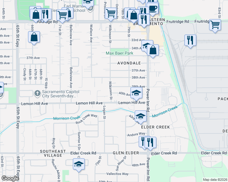 map of restaurants, bars, coffee shops, grocery stores, and more near 6050 Wilkinson Street in Sacramento