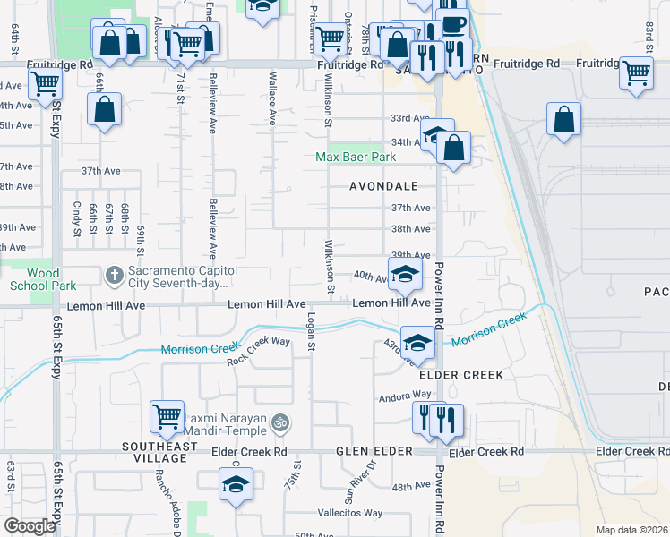 map of restaurants, bars, coffee shops, grocery stores, and more near 6050 Wilkinson Street in Sacramento