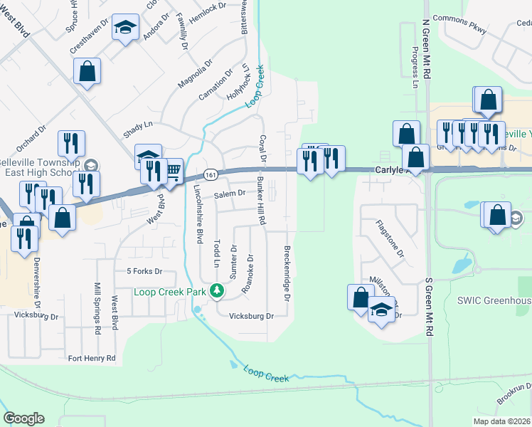 map of restaurants, bars, coffee shops, grocery stores, and more near 212 Bunker Hill Road in Belleville