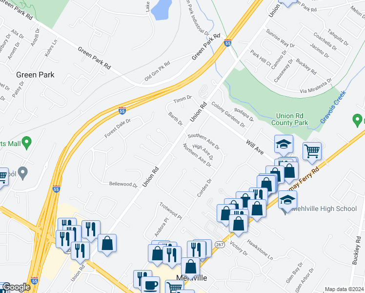 map of restaurants, bars, coffee shops, grocery stores, and more near 4109 Mitchford Drive in St. Louis
