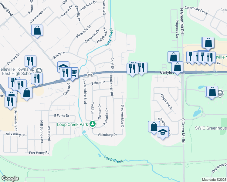map of restaurants, bars, coffee shops, grocery stores, and more near 212 Bunker Hill Road in Belleville
