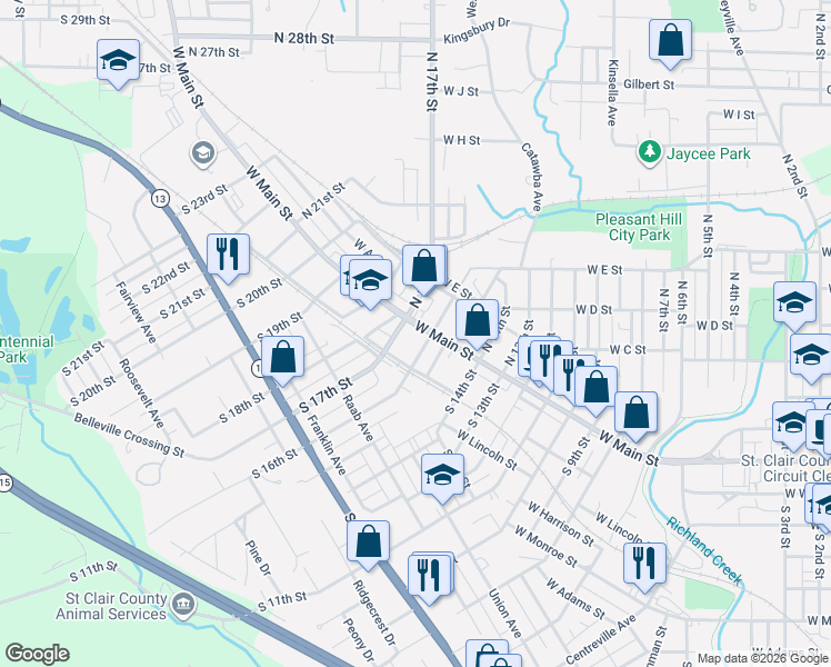 map of restaurants, bars, coffee shops, grocery stores, and more near 20 South 17th Street in Belleville