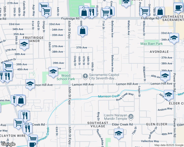 map of restaurants, bars, coffee shops, grocery stores, and more near 6021 69th Street in Sacramento