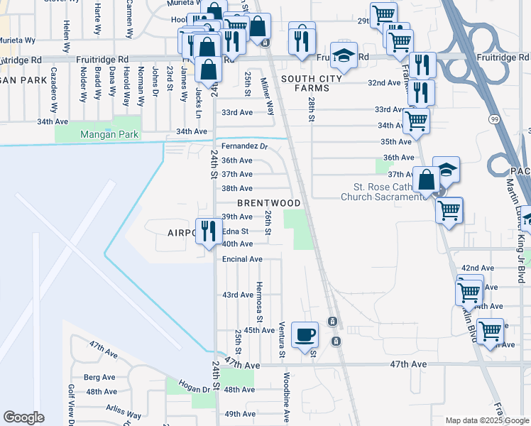 map of restaurants, bars, coffee shops, grocery stores, and more near 2448 39th Avenue in Sacramento