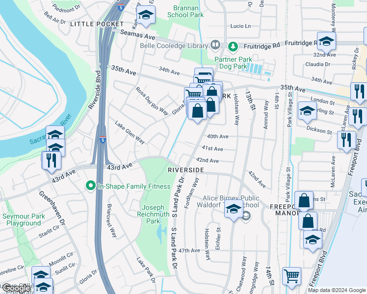 map of restaurants, bars, coffee shops, grocery stores, and more near 1199 43rd Avenue in Sacramento