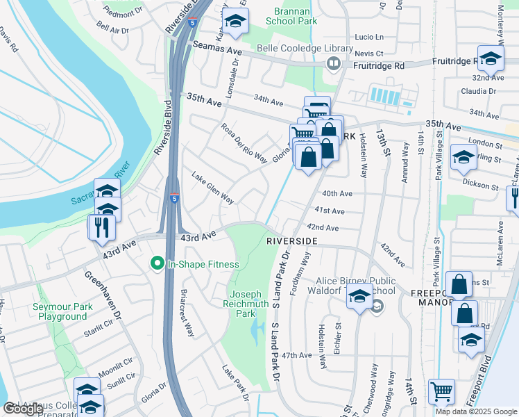 map of restaurants, bars, coffee shops, grocery stores, and more near 1141 43rd Avenue in Sacramento