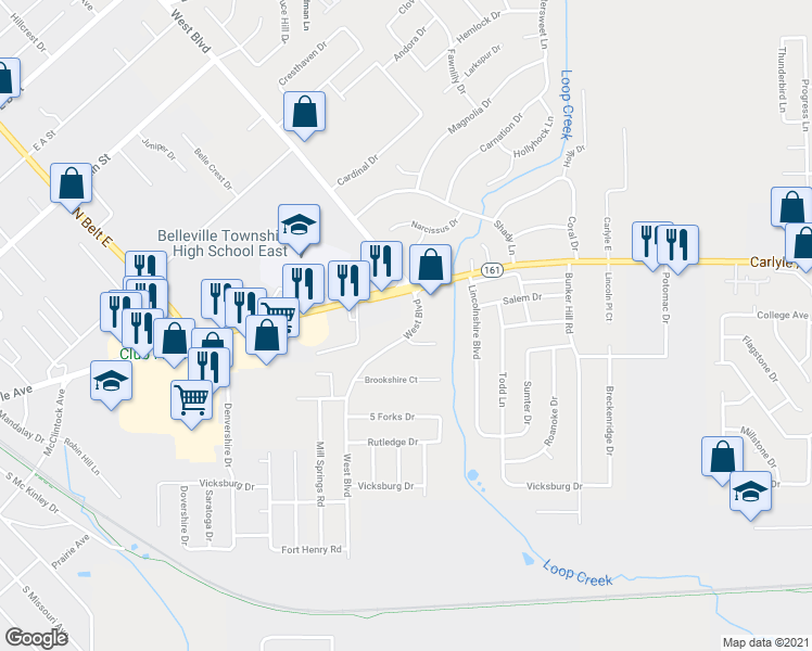 map of restaurants, bars, coffee shops, grocery stores, and more near 3 Lindbergh Circle in Belleville