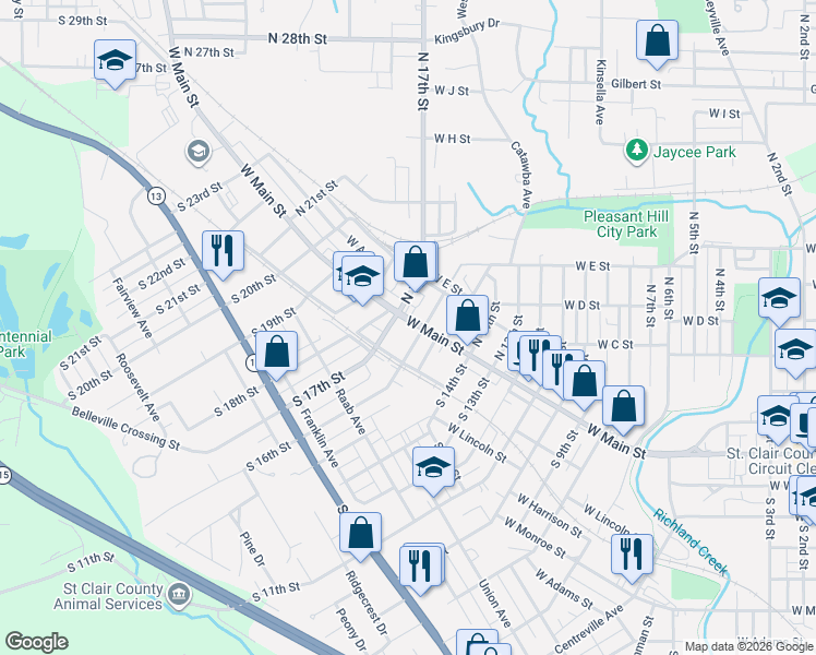 map of restaurants, bars, coffee shops, grocery stores, and more near 20 South 17th Street in Belleville