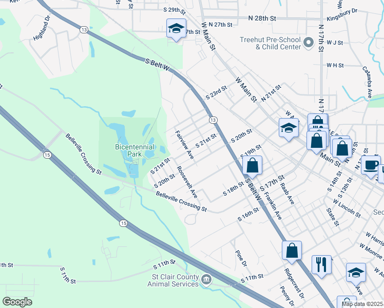 map of restaurants, bars, coffee shops, grocery stores, and more near 526 South 20th Street in Belleville