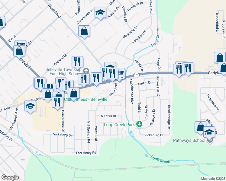 map of restaurants, bars, coffee shops, grocery stores, and more near 2615 West Boulevard in Belleville