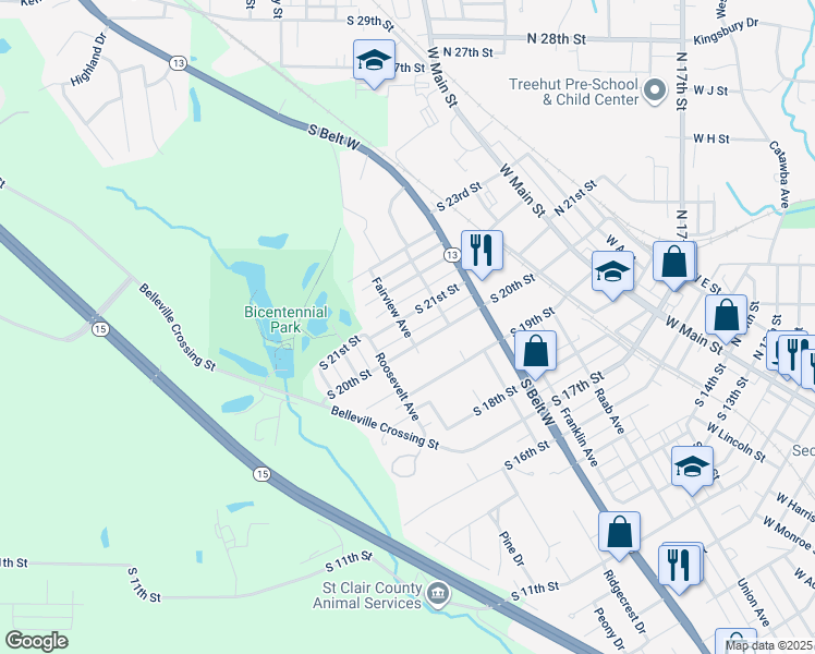 map of restaurants, bars, coffee shops, grocery stores, and more near 526 South 20th Street in Belleville