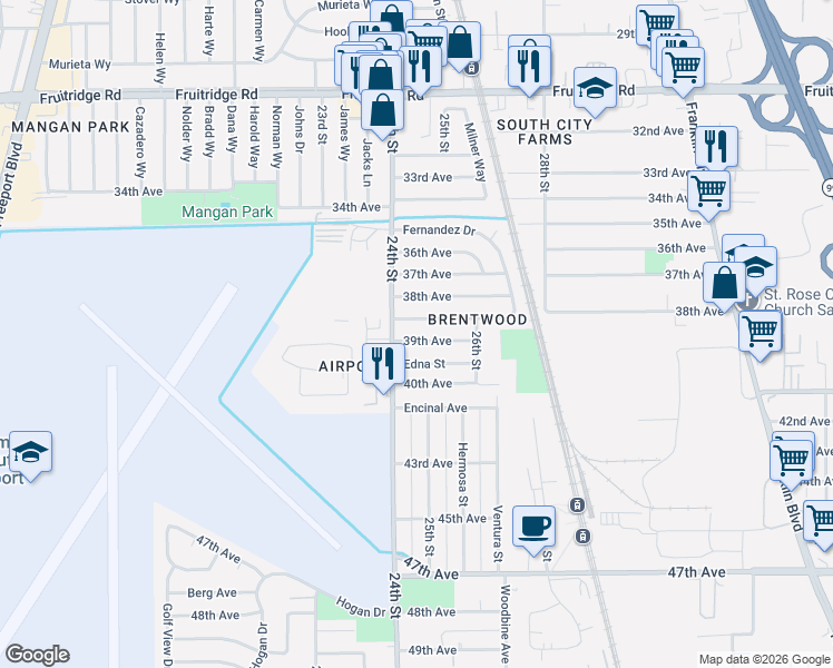 map of restaurants, bars, coffee shops, grocery stores, and more near 2417 Edna Street in Sacramento