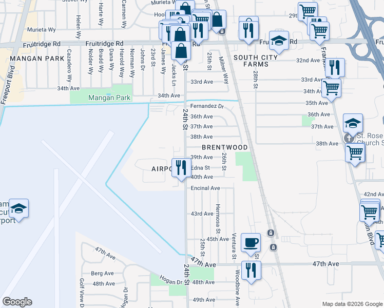 map of restaurants, bars, coffee shops, grocery stores, and more near 2417 Edna Street in Sacramento