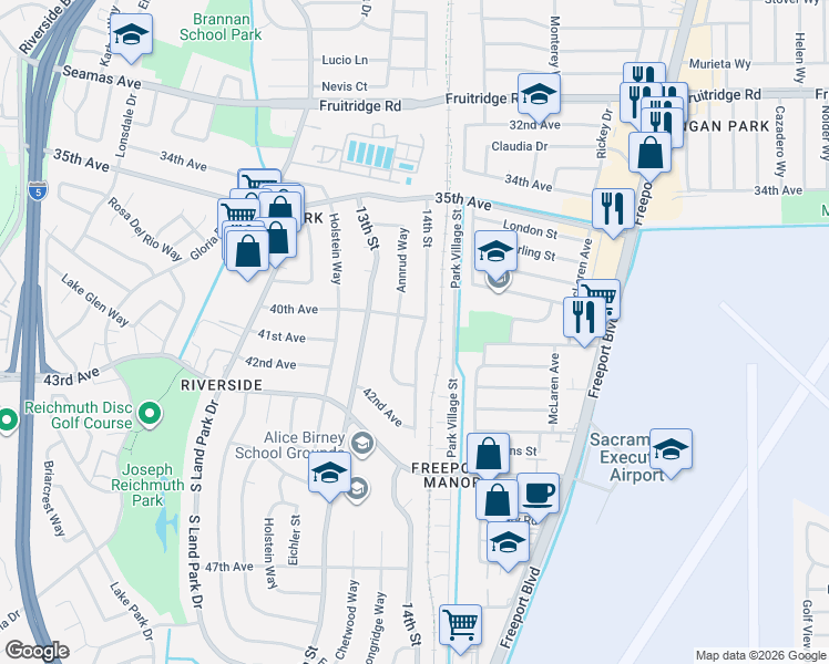 map of restaurants, bars, coffee shops, grocery stores, and more near 6033 Annrud Way in Sacramento