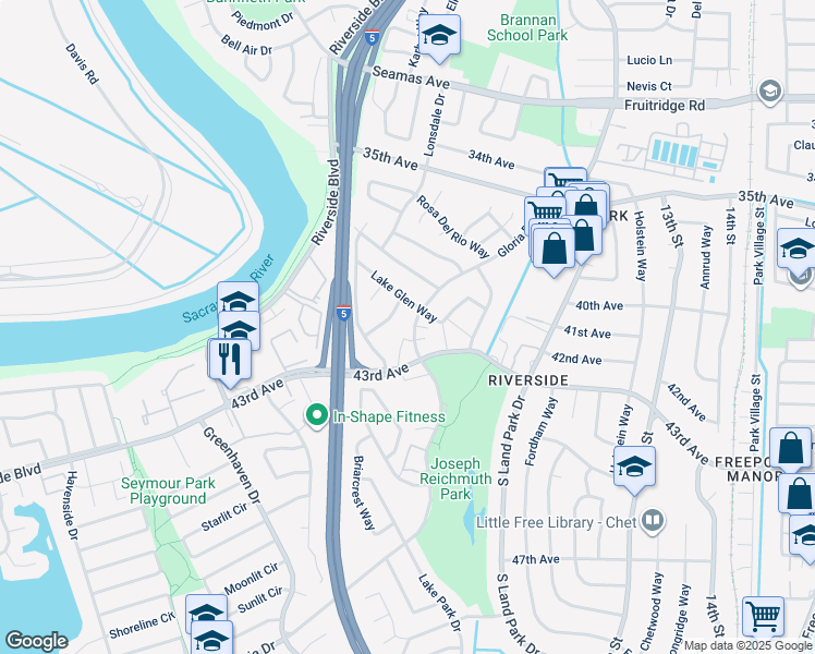 map of restaurants, bars, coffee shops, grocery stores, and more near 1043 43rd Avenue in Sacramento