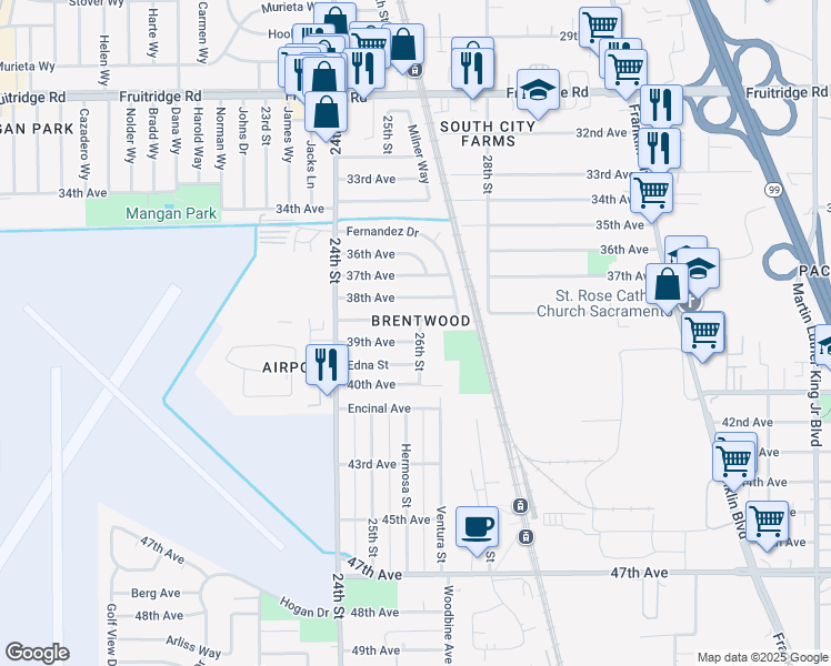 map of restaurants, bars, coffee shops, grocery stores, and more near 2448 39th Avenue in Sacramento