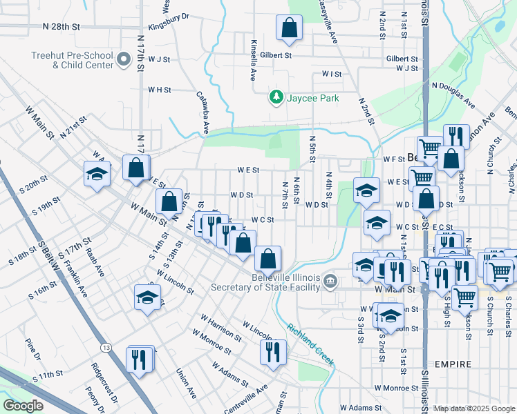map of restaurants, bars, coffee shops, grocery stores, and more near 203 North 8th Street in Belleville